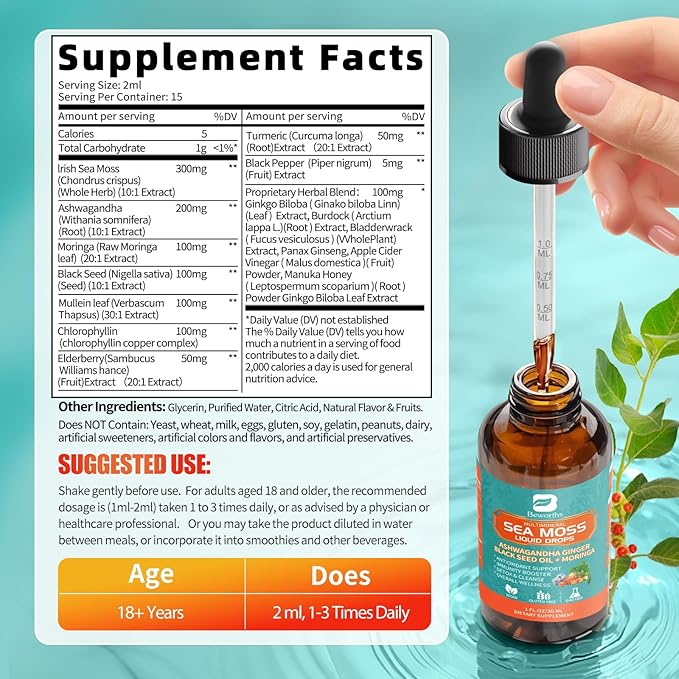 Sea Moss Drops - Irish Sea Moss Chlorophyll Liquid with Black Seed Oil Ashwagandha Moringa Turmeric Elderberry Mullein Seamoss Gel Supplement for Gut &amp Liver Cleanse Immune Support - Vegan