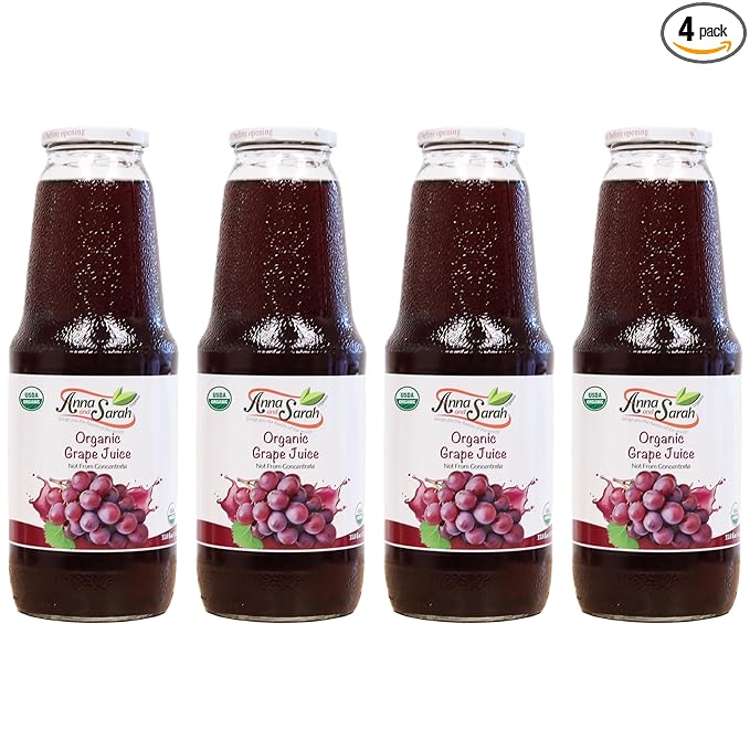 Anna and Sarah 33.8 Oz Organic Grape Juice - USDA Organic Certified - Glass Bottle (4 Pack) No Sugar No Artificial Colors No Preservatives No Flavors Added Not from CONCENTRATE