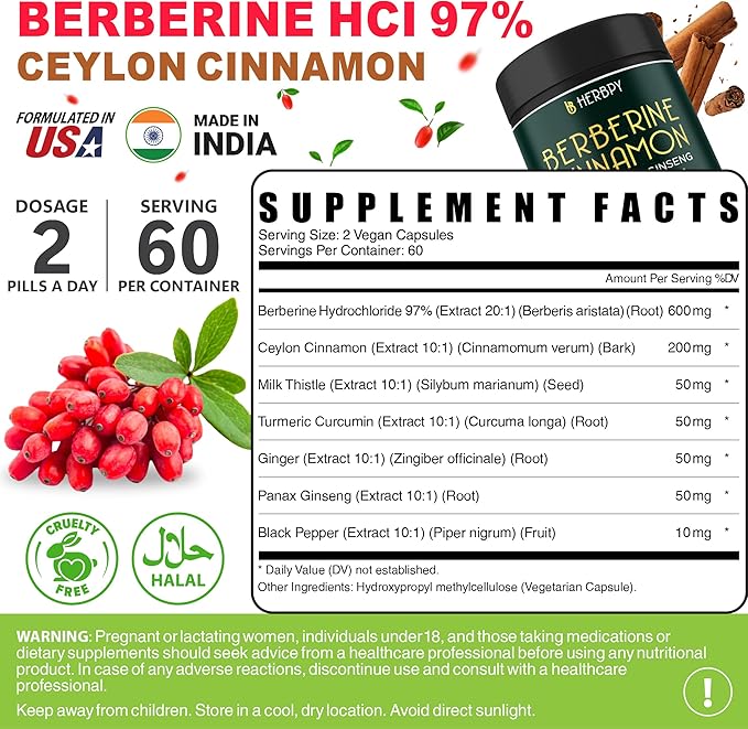 7in1 Premium Berberine and Ceylon Cinnamon for Weight Management Digestion Heart Health &amp Immune Support - with Ginseng Turmeric Ginger Milk Thistle &amp Black Pepper - 120 Vegan Capsules