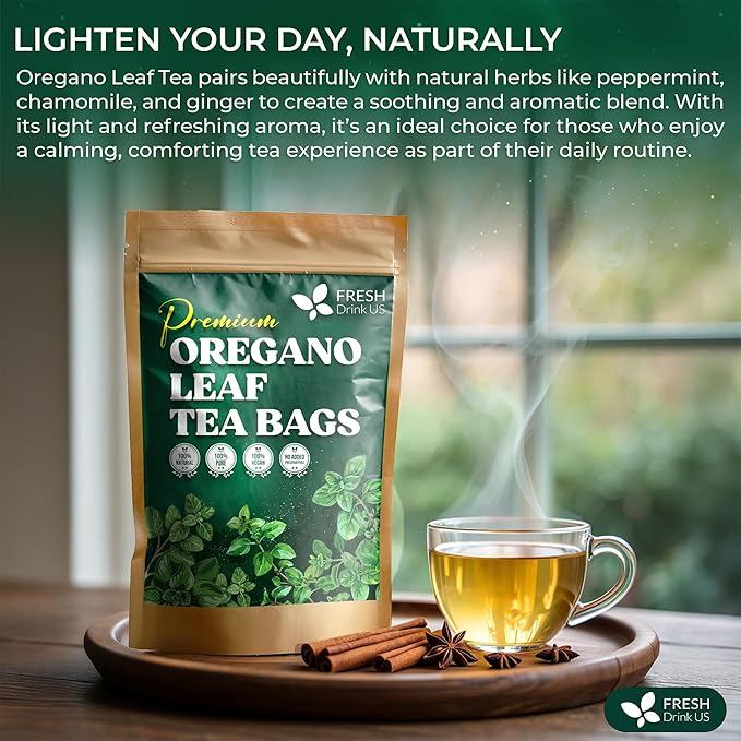 FreshDrinkUS Oregano Leaf Tea | 135 Tea Bags – Pure Herbal Infusion from Origanum vulgare - Naturally Bold &amp Aromatic Flavor - Premium Quality Sustainably Sourced. Vegan
