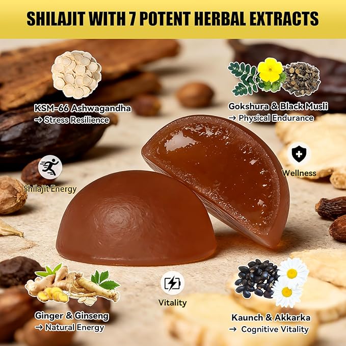 Shilajit Gummies: Pure Shilajit Himalayan Rich in Ashwagandha Gaulshura Fulvic Acid 85 Micronutrients Suitable for Men and Women No Added Sugar