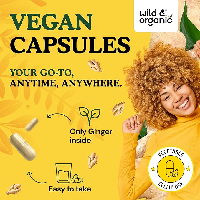 Wild &amp Organic Ginger Root Capsules 1200 mg - Immune &amp Digestive Support - Ginger Root Supplement - Zingiber Officinale Powder - 90 Days of Supply - Vegan No Fillers Non-GMO - 180 Count