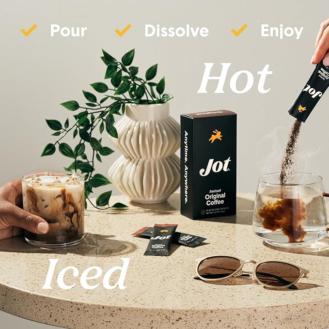 Jot Instant Coffee Packets Single Serve 10pk – Medium Roast Espresso Instant Iced &amp Hot Coffee Ultra Strong Fresh Brewed Taste Travel-Friendly Coffee Sticks for On-The-Go &amp Backpacking