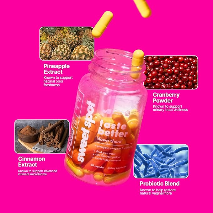 Sweet Spot – Pineapple &amp Cranberry Vaginal Health Supplement 60 Capsules – Freshens Taste Promotes Feminine Balance Women's pH Balance &amp Odor Control with Natural Cinnamon Extract – Made i