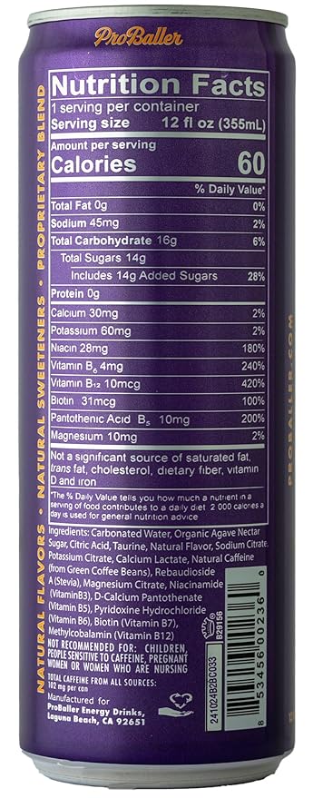 ProBaller Ultra Premium Energy Drink - Natural Clean NSF Certified Sport Drink - Gluten Free Amino Acids Taurine Organic Agave Vitamin B 12 Methylcobalamin Electrolytes - 15 Pack - Citrus - Laker