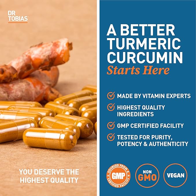 Dr. Tobias Turmeric Curcumin 1500mg with BioPerine – Extra Strength Supplement with 95% Curcuminoids for Joint Support Overall Vitality &amp Immune Health 120 Vegan Capsules Non-GMO