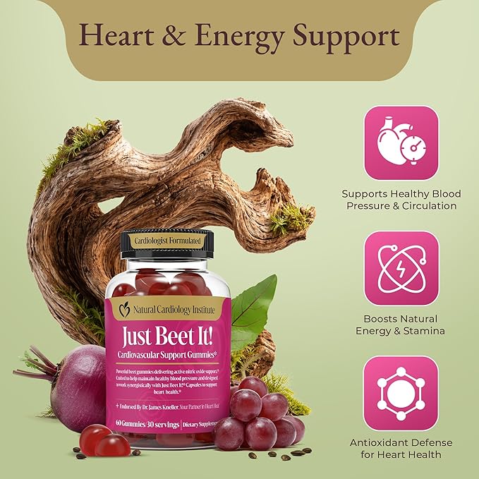 Just Beet It! Beet Root Gummies - Blood Pressure &amp Circulation Support Beet Gummies - Nitric Oxide Booster with CoQ10 &amp Grape Seed Extract - Heart Health &amp Energy for Men &amp Women - 60