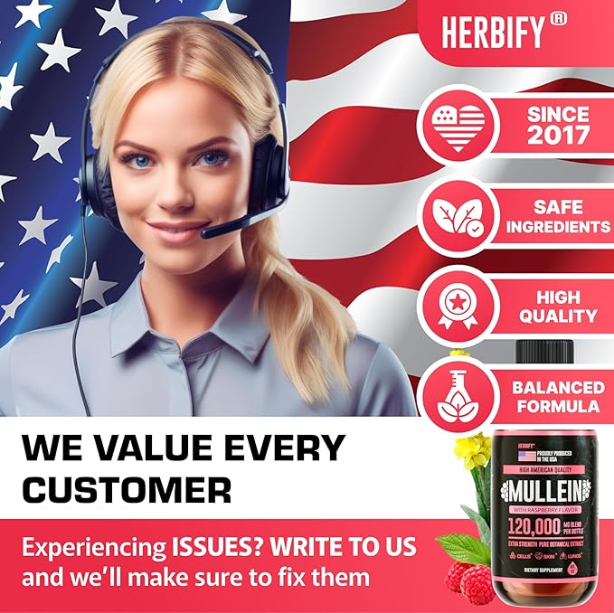 HERBIFY Mullein Drops - Lung Cleanse - Leaf Extract - Powerful Mullein for Immune Support Detox &amp Respiratory Support - Made in USA - 4 Oz Raspberry Flavor