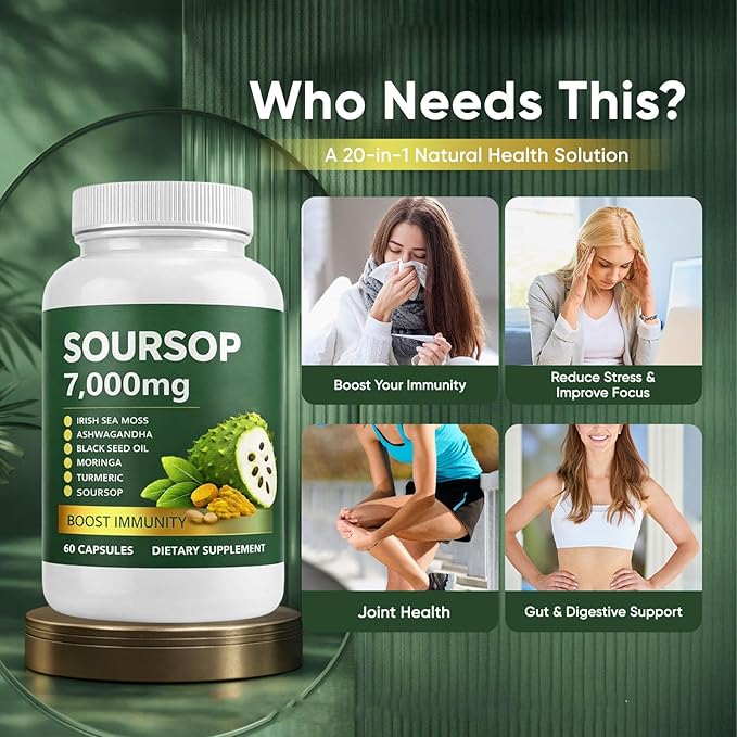 Soursop Bitterness Extract Soursop Bitters Liquid Drops Soursop Capsules with Sea Moss Moringa Turmeric Oil Black Seed Oil Oregano for Overall Health Joint Support (2)