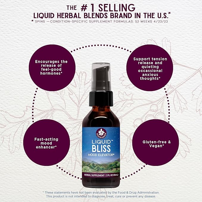 WishGarden Herbs Liquid Bliss Mood Elevator - Plant-Based Herbal Supplement with Organic Cacao Cotton Root Passionflower Increases Sense of Connection 4oz