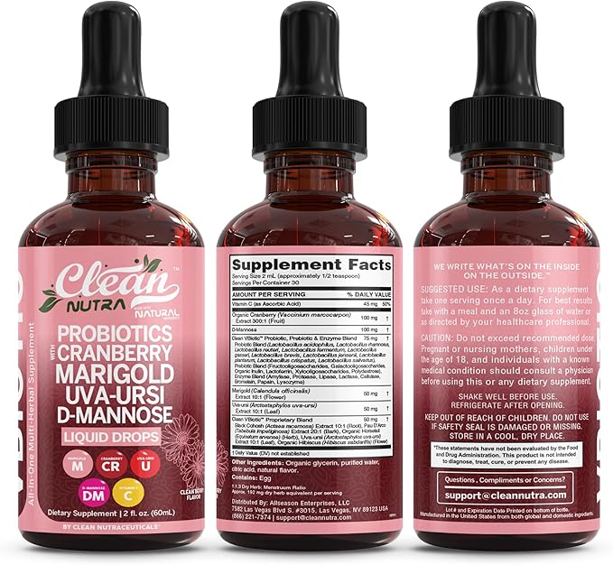 Clean Nutraceuticals VBiotic Vaginal Probiotic for Women Liquid Drops | Cranberry Uva Ursi Horsetail D-Mannose Prebiotics Marigold &amp Black Cohosh Vaginal Health Supplement | pH Balance