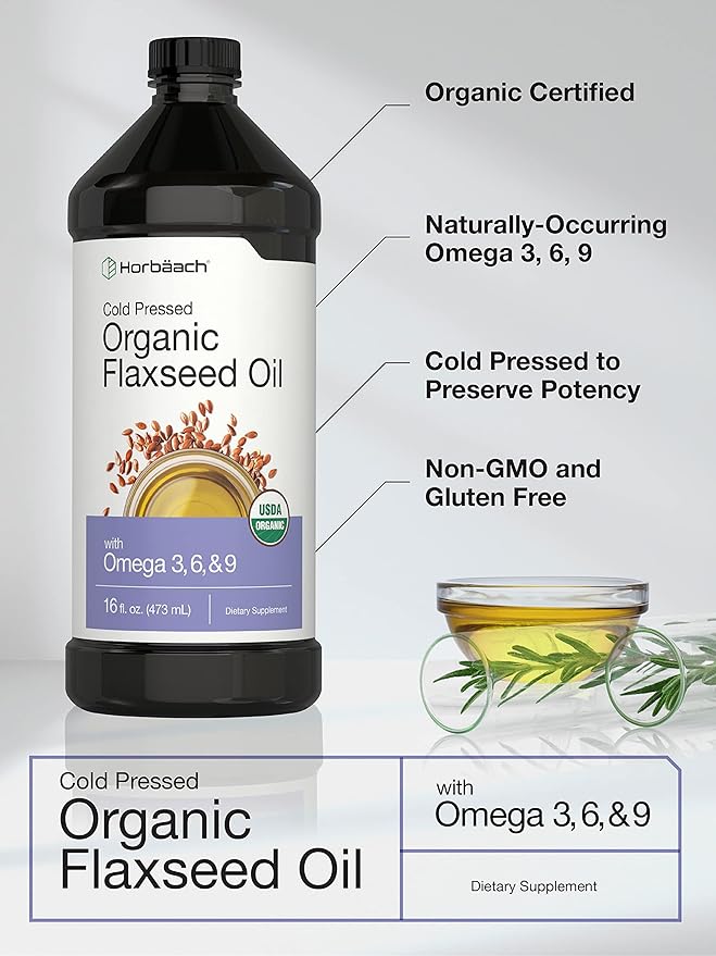 Horbäach Organic Flaxseed Oil | 3 Pack | 16 fl oz Each | Cold Pressed | with Omega 3 6 9 | Vegetarian Non-GMO Gluten Free Liquid