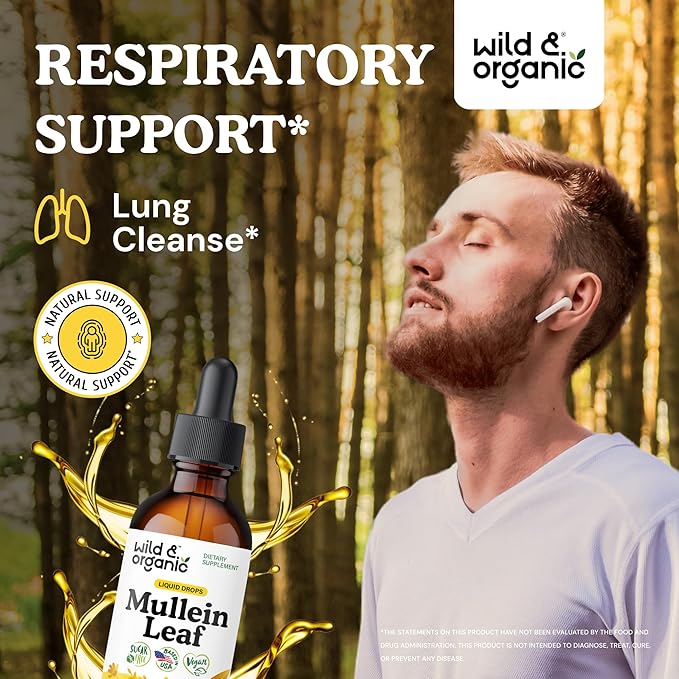 Wild &amp Organic Mullein Drops for Lungs - Herbal Detox and Cleanse - Mullein Leaf Extract for Lungs with Echinacea - Verbascum Thapsus Tincture - Vegan Sugar &amp Alcohol-Free Liquid Supplement -