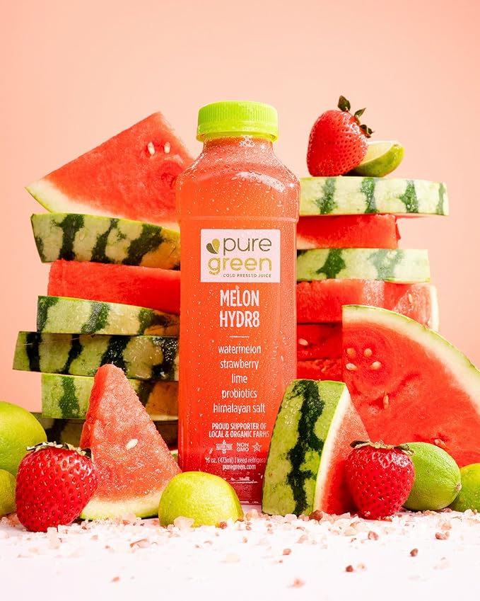 Pure Green Cold Pressed Juice - Melon Hydr8 - Fresh Functional Blend with Watermelon Strawberry Lime- Natural Gluten Free Non-GMO No Artificial Colors or Flavors - Made from Real Fruits &amp Veg