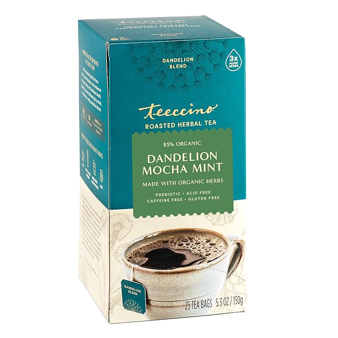Teeccino Dandelion Root Tea Sampler - Caramel Nut Mocha Mint Coconut - Caffeine-Free Roasted Herbal Tea with Prebiotics Gluten Free - 25 Tea Bags (Pack of 3)