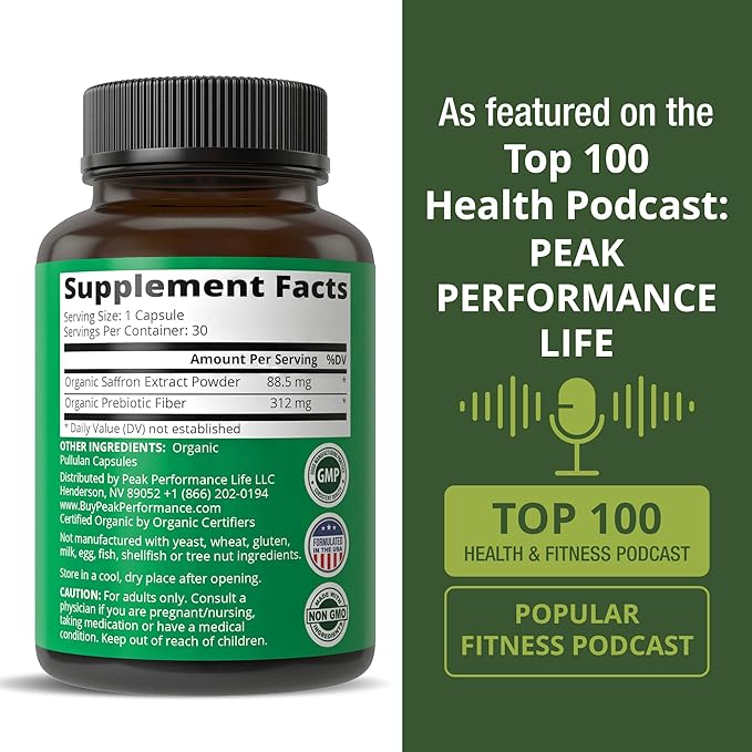 Saffron Supplements - USDA Organic Saffron Extract Capsules for Women Men and Kids. with Organic Prebiotic Fiber Instead of Filler. Pure and Natural for Mood Brain Focus Cravings PMS