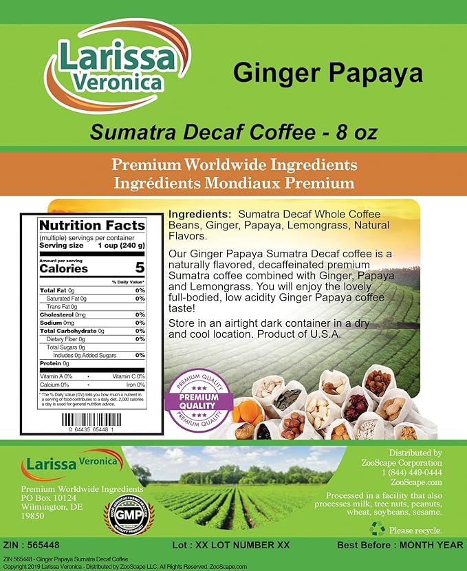 Ginger Papaya Sumatra Decaf Coffee (Gourmet Naturally Flavored Whole Coffee Beans) (8 oz ZIN: 565448) - 2 Pack