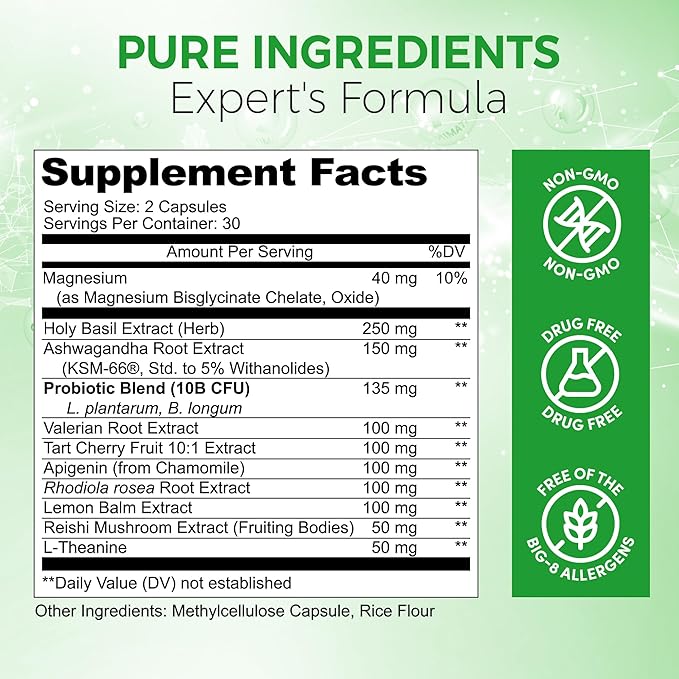 13-in-1 Natural Sleep Aid for Adults – Melatonin-Free Premium Sleep Supplement with Magnesium Ashwagandha 5-HTP Valerian Root &amp Probiotics – Non-Habit Forming – 60 Capsules