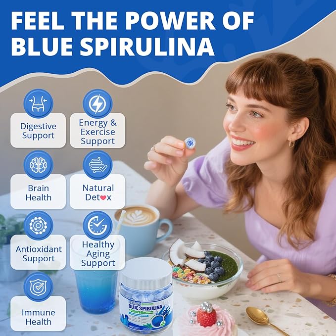 Organic Blue Spirulina Gummies High Phycocyanin from Nutrient-Rich Blue-Green Algae for Antioxidants Cellular Energy &amp Cleanse Superfood w/Chlorella CoQ10 &amp VCTaurineGreen Tea Sugar Fre