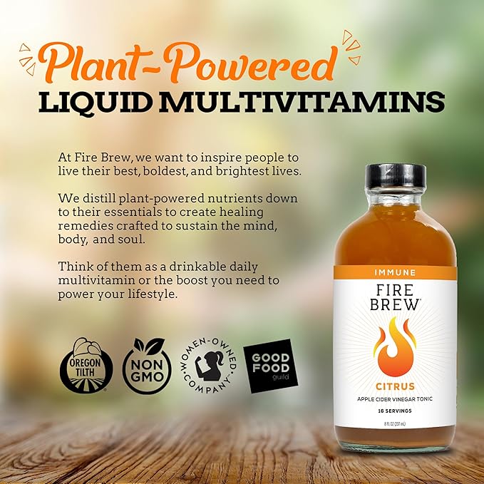 Fire Brew Immune - Citrus Apple Cider Vinegar Wellness Tonic | 16 Concentrated Shots of Healthiest Organic Ingredients to Strengthen Immune System and Improve Digestion – 8oz