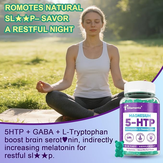 5HTP Gummies + GABA - Melatonin Free -Magnesium Glycinate Ashwagandha L-Theanine L-Tryptophan &amp Vitamin D3 | Relaxation &amp Calm Gummies | Nighttime Support for Adults 2 Pack