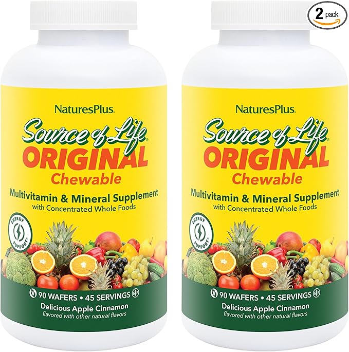 Natures Plus Source of Life Adult’s Chewable Apple Cinnamon - 90 Wafers Pack of 2 - Multi-Vitamin &amp Mineral Supplement - Gluten Free Vegetarian - 90 Total Servings