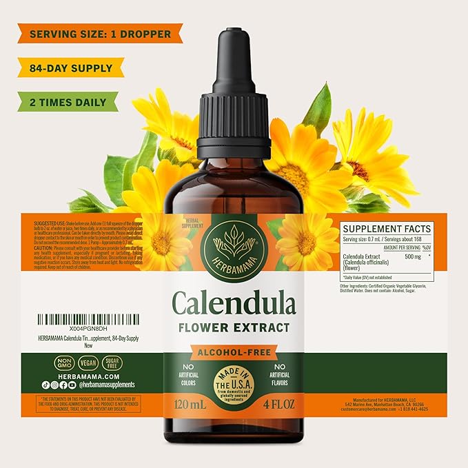 HERBAMAMA Calendula Tincture - Vegan Antioxidant &amp Detox Support with Calendula Herb Extract Drops - Non-GMO Alcohol &amp Sugar-Free Liquid Supplement 84-Day Supply