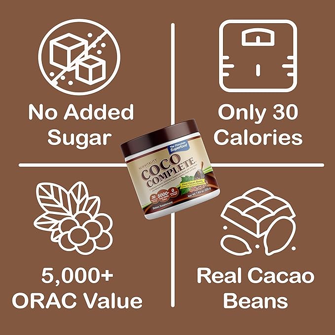 Coco Complete by New Vitality – Immune System and Boosting Superfood Powder Supplement Energy Support Sugar Free Real Cocoa Powder &amp Green Tea Extract Chocolate Flavor 30 Servings