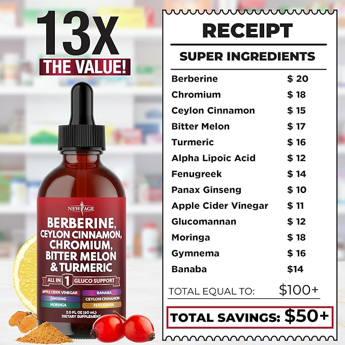 Berberine with Ceylon Cinnamon Supplement Liquid Drops + Bitter Melon Extract Glucomannan Gymnema Chromium Turmeric Panax Ginseng Moringa- 8 OZ