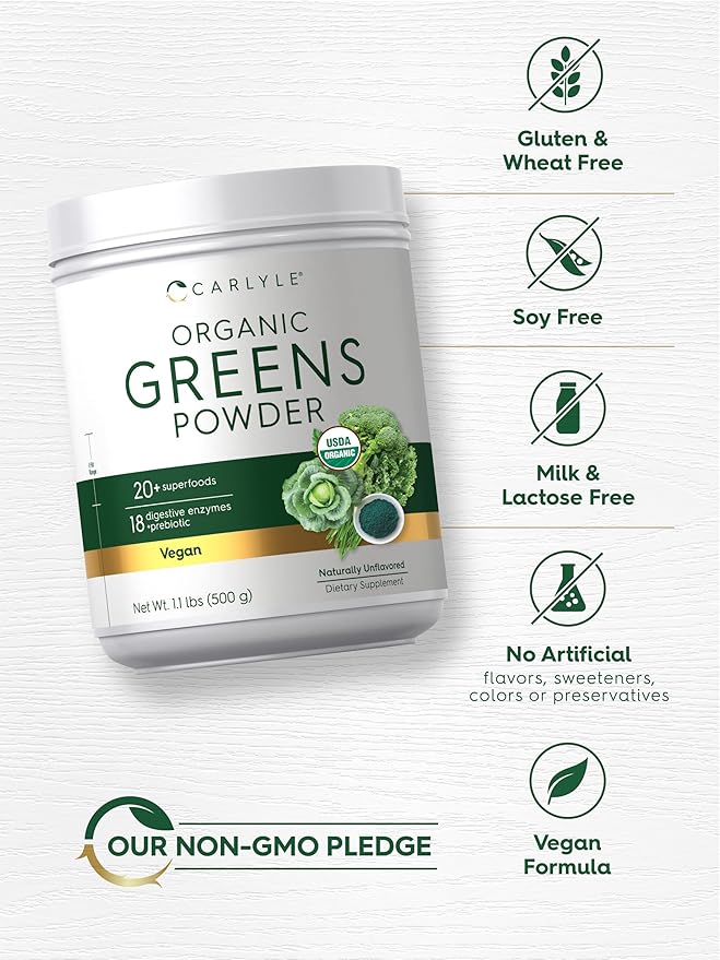Carlyle Organic Greens Powder | 17.6 oz Supplement | Relieves Occasional Gas discomfort &amp Bloating | with 20+ Superfoods 18 Digestive Enzymes and Prebiotics | Vegan Non-GMO and Gluten Free