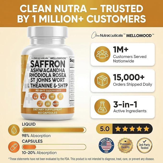 Clean Nutraceuticals Saffron Supplements Extract 100mg + Ashwagandha L-Theanine 200mg - Mood Support Ginkgo Biloba St. John's Wort Rhodiola Rosea &amp 5-HTP Capsules Pills Men Women