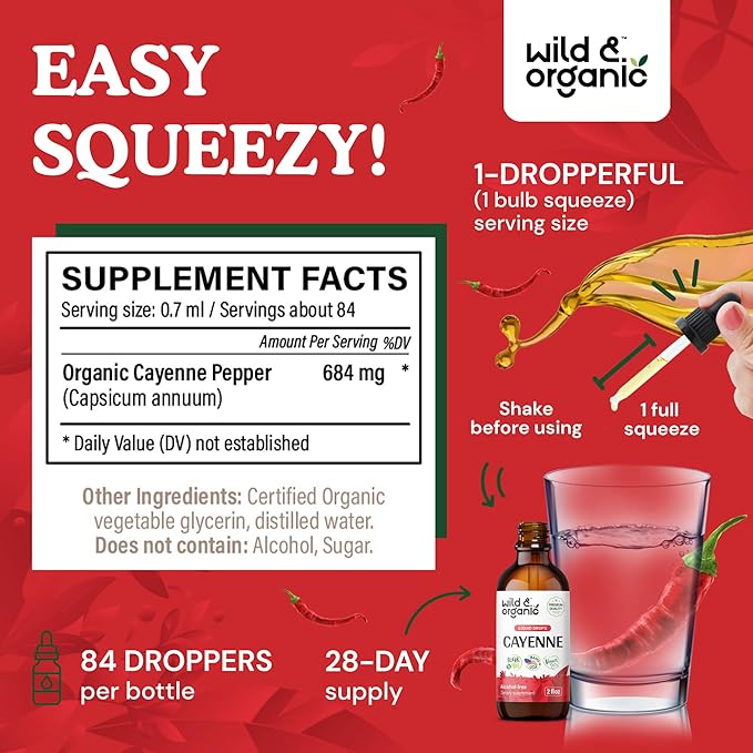 Wild &amp Organic Cayenne Pepper Tincture - Capsaicin Supplements for Digestive Support - Cayenne Pepper Extract Liquid - Vegan Alcohol-Free Drops - 2 fl oz