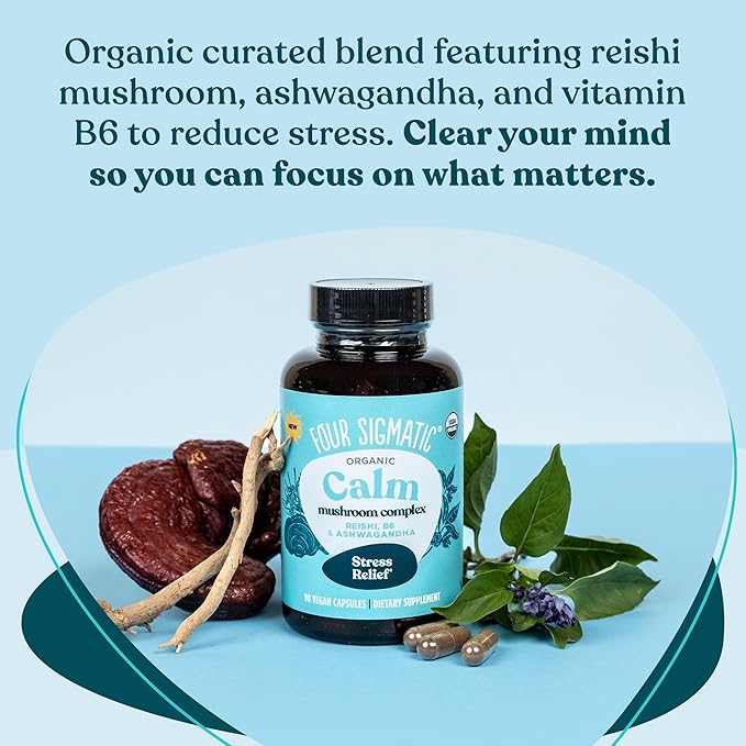 Four Sigmatic Calm Capsules | Vegan Stress Relief Supplement to Promote Positive Mood with Organic Ashwagandha Powder Organic Reishi Mushroom Tulsi (Holy Basil Extract) Vitamin B6 | 30 Servings