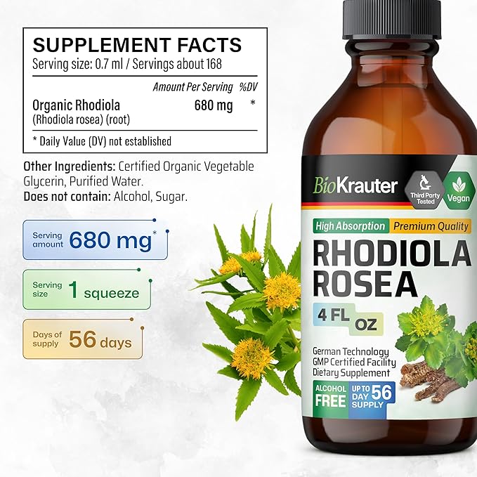 BIO KRAUTER® Rhodiola Rosea for Calm &amp Sleep Support - Vegan Rhodiola Rosea Supplement for Mood Support - Natural Calm Drops for Relaxation 4 Fl.Oz 56-Day Supply Alcohol &amp Sugar Free