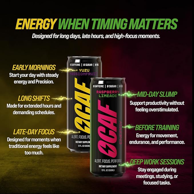 ØCAF Energy Variety Pack – 6 Yuzu Passionfruit &amp 6 Raspberry Passionfruit – Caffeine Alternative with Paraxanthine for Clean Focus No Jitters No Crash – 12 fl oz Cans (Pack of 12) – Performance