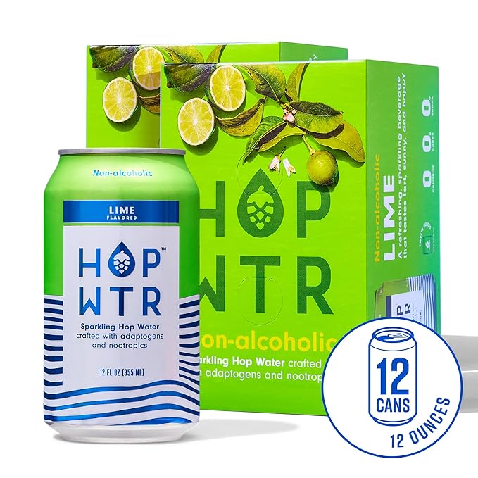 HOP WTR Sparkling Hop Water Lime 12 Pack Sugar Free Low Carb Non Alcoholic Drinks NA Beer Adaptogen Drink No Calories Adaptogens &amp Nootropics for Added Benefits 12 oz Cans