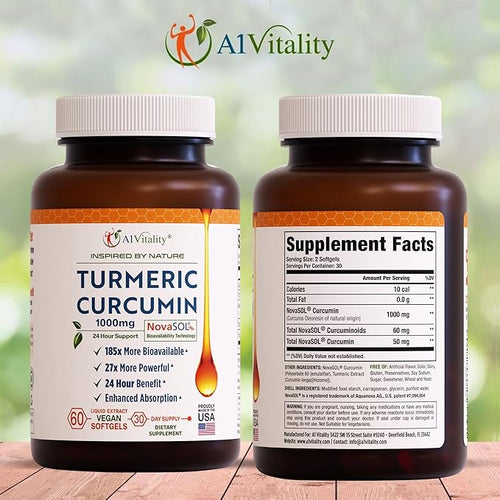 A1Vitality Vegan Turmeric Curcumin NovaSOL 1000mg - Nature's Joint Support Supplements - 185x Bioavailable Than Standard Curcumin - Natural Carrageenan Softgels (Vegan)