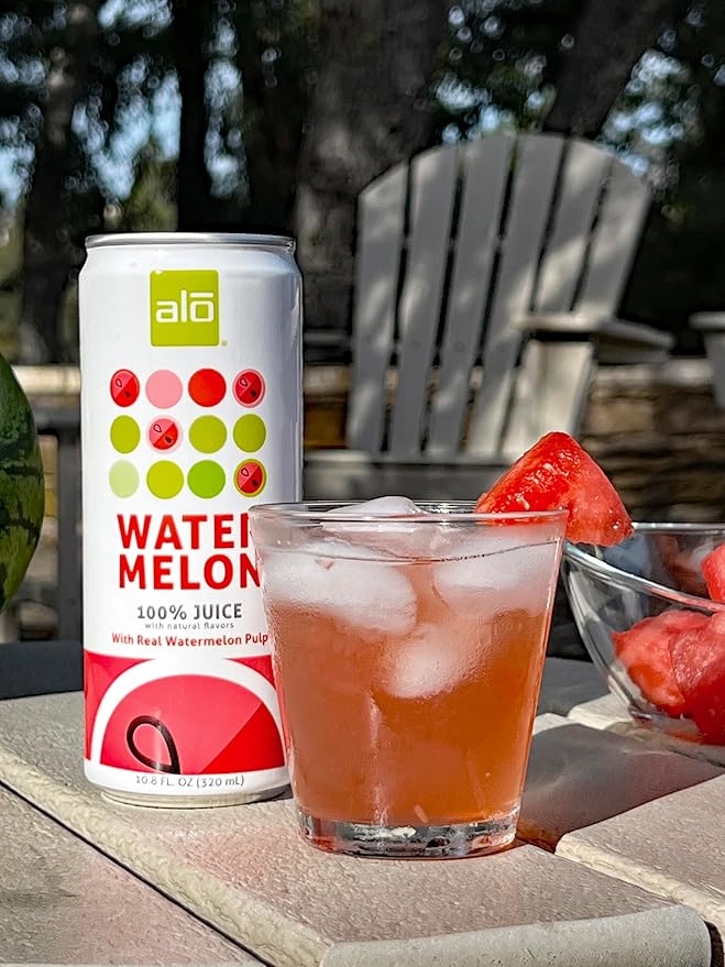 ALO Slim Can Juice Watermelon with Real Fruit Pulp| 10.82 fl oz Pack of 12 | Plant-Based Beverage 100% Natural Juice