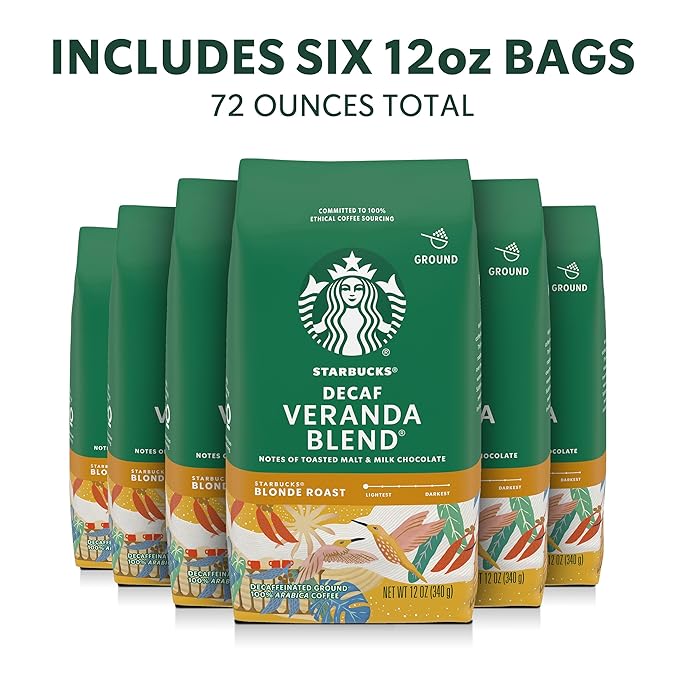 Starbucks Ground Coffee Blonde Roast Hot or Iced Coffee Decaf Veranda Blend Six 12 oz Bags