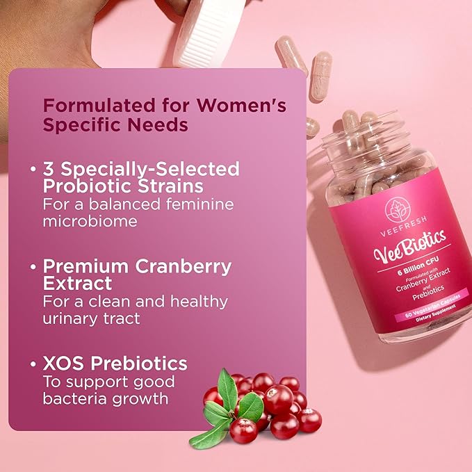 VeeFresh VeeBiotics Cranberry Probiotics for Women - 60 Capsules Women's Probiotics with Prebiotics &amp Cranberry Extract for pH Balance &amp Odor Control Promotes Healthy Vaginal Flora &amp Over