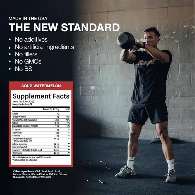 RAW Pre-Workout Powder Essential CHARGED (Sour Watermelon) - Preworkout Supplement for Men &amp Women - Supports Focus Mood &amp Performance - Caffeine Alpha-GPC L-Citrulline Beta Alanine (25 S