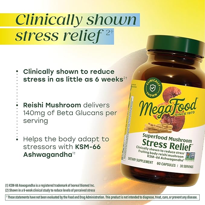 MegaFood Superfood Mushroom Stress Relief - Reishi Mushroom Supplement Clinically Studied to Reduce Stress - Doctor Formulated with Ashwagandha KSM 66 - Vegan Gluten-Free - 60 Capsules 30 Servings