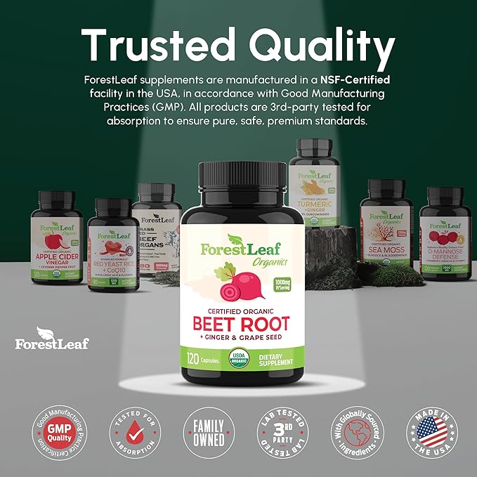ForestLeaf USDA Organic Beet Root Capsules - Beetroot Supplement 1000mg 20:1 Extract w/Ginger Grape Seed - Support Blood Pressure Nitric Oxide Flow Circulation - Made in USA - 120 Caps