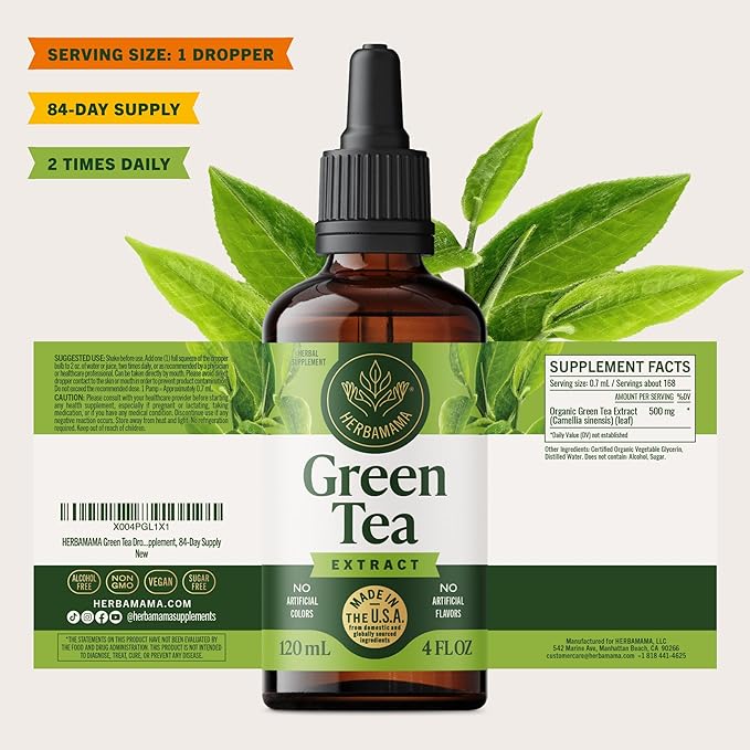 HERBAMAMA Green Tea Drops - Vegan Antioxidant &amp Overall Support with Green Tea Extract Liquid Tincture - Non-GMO Alcohol &amp Sugar-Free Camellia Sinensis Supplement 84-Day Supply