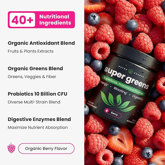 NutraChamps Super Greens Powder Premium Superfood | 20+ Organic Green Veggie Whole Foods | Wheat Grass Spirulina Chlorella &amp More | Antioxidant Digestive Enzyme &amp Probiotic Blends