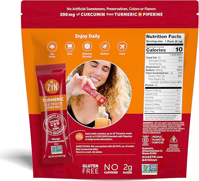 ZYN Electrolyte Drink Mix Hydration Packets Mango Pomegranate Electrolytes Powder Pack of 32