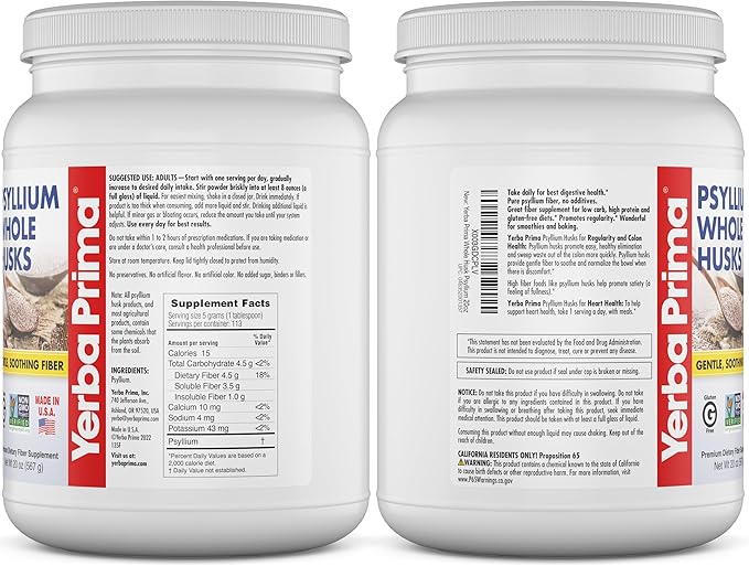 Yerba Prima Whole Psyllium Husk Fiber Supplement 20 oz (Pack of 2) - Vegan Gluten Free Non-GMO