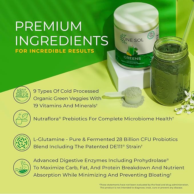 One Sol Greens Super Greens Powder to Reduce Bloating &amp Improve Gut Health Superfood Fresh Bloom Organic Greens Blend Juice &amp Smoothie Mix Pre &amp Probiotic with Digestive Enzymes Vegan