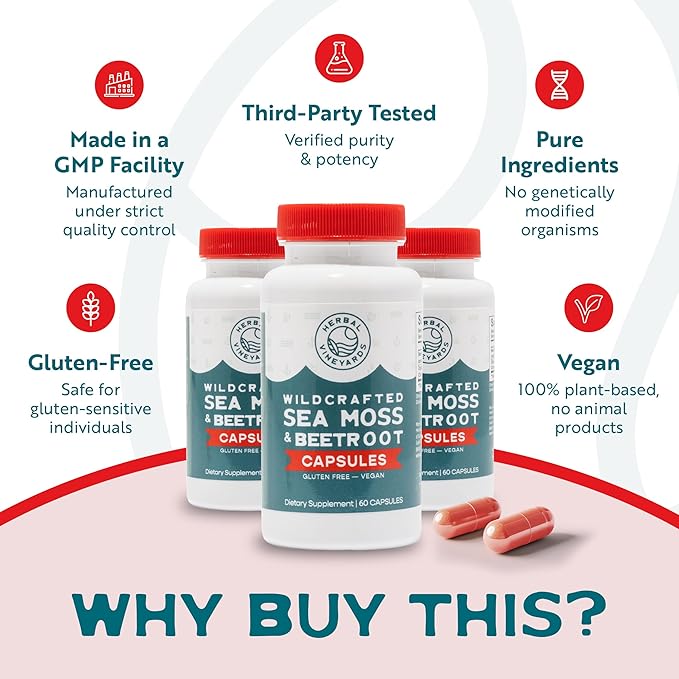 Herbal Vineyards Organic Wildcrafted Sea Moss and Beetroot 60 Capsules | Immune Support Digestive Health &amp Improved Energy | Vegan Friendly | Non-GMO | Ethically Sourced