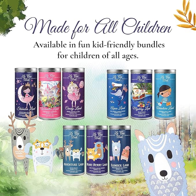 Little Animals Tea Gift Basket by La Tea Dah Caffeine Free Teas for Kids Children's Herbal Tea Sampler for Movie Night Baby Shower Party Supplies (36 Decaf Sachets)